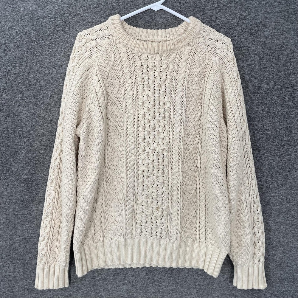 LL Bean Signature Sweater Womens Medium White 100% Cotton Crewneck Cable Knit